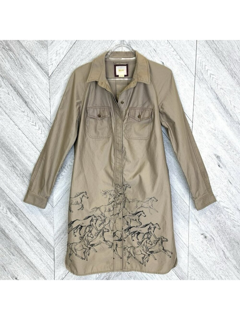 Anthropologie Maeve Equine Shirt Dress Womens US Size 6 Khaki Tan Horse Print